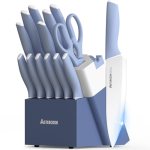 Astercook Kitchen Knife Set with Block and Sharpener 15 Piece German High Carbon