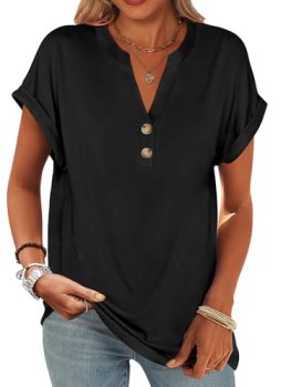 ANRABESS Womens Short Sleeve Henley Tops V Neck Dressy Casual Blouses Summer Tre