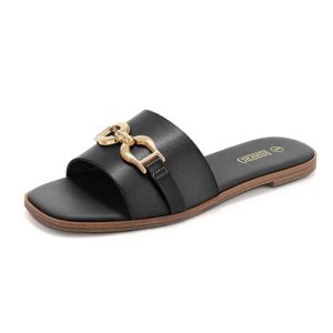 Rihero Black Flat Sandals for Women Summer Square Open Toe Slides Slip On Fashio