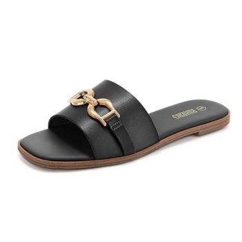 Rihero Black Flat Sandals for Women Summer Square Open Toe Slides Slip On Fashio