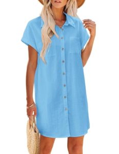 Zeagoo Shirt Dress for Women Cotton Linen Short Sleeve Button Down Tee Shirt Loo