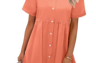 GRAPENT Denim Dress for Women Babydoll Tiered Short Sleeve Button Down Jean Shir