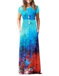 AUSELILY Floral Maxi Dress for Women Summer Casual Short Sleeve Crewneck Empire