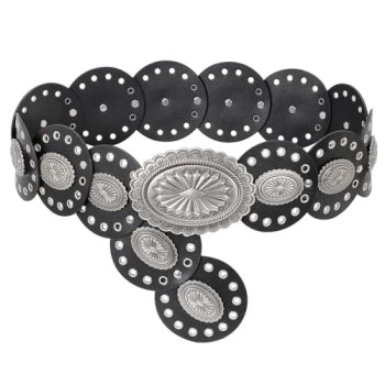 LEACOOLKEY Women’s Boho Disc Belt Wide Western Leather Belt Vintage Concho Waist