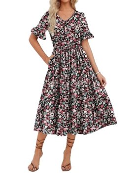 Zeagoo Women’s Casual Summer Midi Dress with Pockets Tiered Short Sleeve V Neck