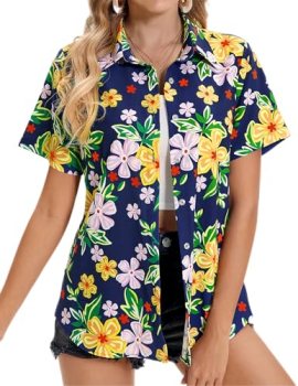 Hawaiian Shirts for Women Summer Tropical Shirts Floral Beach Button Up Blouse f