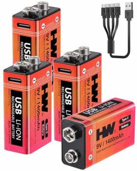 HW 9 Volt Batteries 4 Pack, 1400mAh Rechargeable Lithium Battery 9V with USB C F