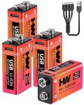 HW 9 Volt Batteries 4 Pack, 1400mAh Rechargeable Lithium Battery 9V with USB C F