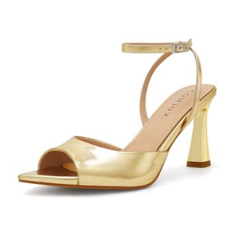 COMJUY Gold Heels for Women Peep Pointed Toe Kitten Heeled Sandals Strappy Flare