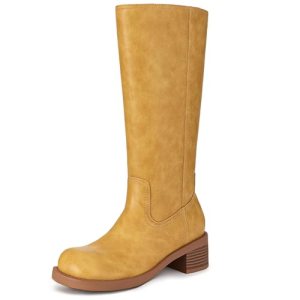 Athlefit Knee High Boots Women Square Toe Yellow Riding Boots Comfortable Slip O