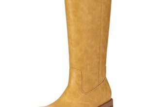 Athlefit Knee High Boots Women Square Toe Yellow Riding Boots Comfortable Slip O