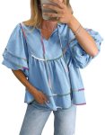 Cicy Bell Womens Summer Babydoll Tops V Neck Short Lantern Sleeve Shirts Cute Lo