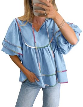 Cicy Bell Womens Summer Babydoll Tops V Neck Short Lantern Sleeve Shirts Cute Lo