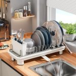 SanDream Small Dish Drying Rack with Removable Utensil Holder & Anti-Scratch Bas