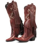 SaraIris Women’s Red Cowgirl Boots Knee High Fringe Tassel Western Pointed Toe W