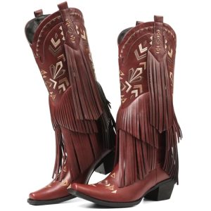 SaraIris Women’s Red Cowgirl Boots Knee High Fringe Tassel Western Pointed Toe W