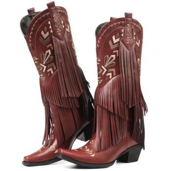 SaraIris Women’s Red Cowgirl Boots Knee High Fringe Tassel Western Pointed Toe W
