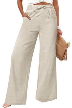 JEKAOYI Women’s Casual Linen Wide Leg Pants with Pockets Boho Palazzo High Waist