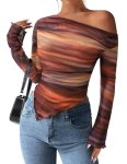 PRETTYGARDEN Womens Fall Trendy Off Shoulder Y2k Tops 2026 Tie Dye Mesh Long Sle