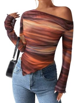 PRETTYGARDEN Womens Fall Trendy Off Shoulder Y2k Tops 2026 Tie Dye Mesh Long Sle