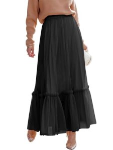 ANRABESS Maxi Skirts for Women Tulle Long Tiered Elastic High Waisted A Line Flo