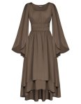 Women Renaissance Costume Split Bell Sleeve Double Layered High Low Dress Brown