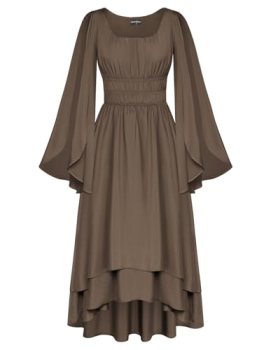 Women Renaissance Costume Split Bell Sleeve Double Layered High Low Dress Brown