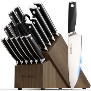 Astercook Knife Set, Kitchen Knives Set with Block and Sharpener Full Tang 17 Pc