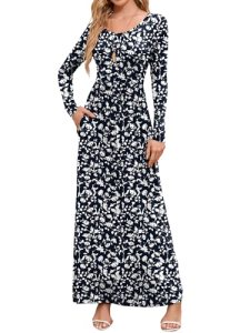 DEARCASE Maxi Dress for Women Floral Navy Blue Entwined Flower Small Round Neck