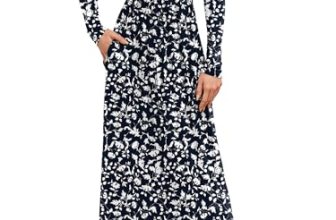 DEARCASE Maxi Dress for Women Floral Navy Blue Entwined Flower Small Round Neck