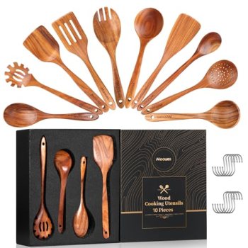 Wooden Spoons for Cooking, 10 PCS Teak Wood Cookware Utensil Set with Hooks