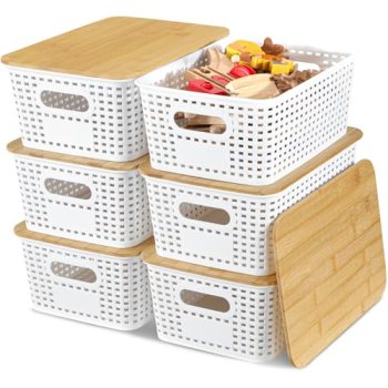EOENVIVS Plastic Storage Baskets with Bamboo Lids for Pantry Organization and St
