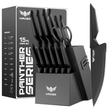 Haugo Kitchen Knife Set with Block: 15-Piece High Carbon Stainless Steel Profess