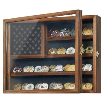 Challenge Coin Display Case, 15.7″ x 12.4″ Lockable Military Coin Holder Cabinet