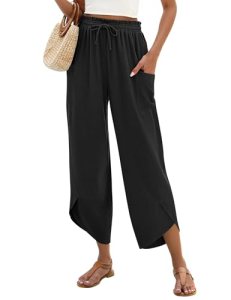LOMON Womens Wide Leg Pants Spring Casual Elastic Waisted Linen Palazzo Harem Pa