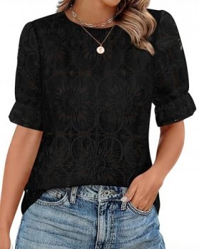 KIRUNDO Lace Tops for Women Blouses Dressy Casual Boho Eyelet Puff Short Sleeve