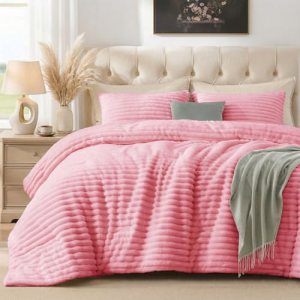 Quataly Marshmallow Queen Fleece Comforter Set Pink Faux Fur Fluffy Comforter Se