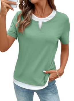 SHEWIN Spring Tops for Women Trendy Round Neck Short Sleeve Soft Comfy Womens Sh