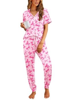 Ekouaer Women Pajama Set Short Sleeve Button Down Pjs Soft Comfy Sleepwear Night