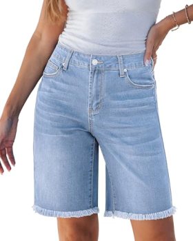 luvamia Jean Bermuda Shorts for Women Trendy Mid Rise Raw Hem Knee Length Comfy