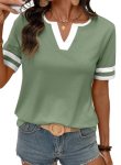 SHEWIN Women’s Summer Tops Cotton V Neck Short Sleeve T-Shirts Colorblock Ladies