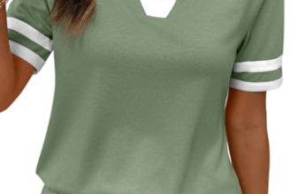 SHEWIN Women’s Summer Tops Cotton V Neck Short Sleeve T-Shirts Colorblock Ladies