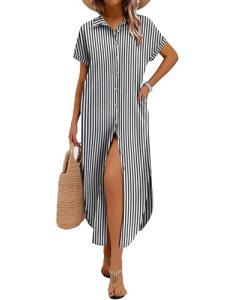 Zeagoo Dresses for Women Women’s Casual Short Sleeve Maxi Long Dress Linen Butto