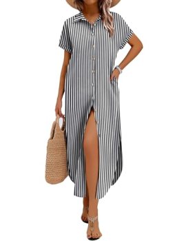 Zeagoo Dresses for Women Women’s Casual Short Sleeve Maxi Long Dress Linen Butto