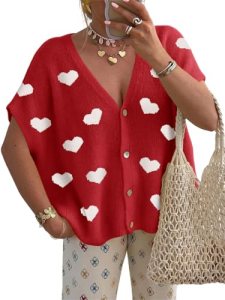 Saodimallsu Womens Cute Heart Valentines Cardigans Oversized Short Sleeve Button