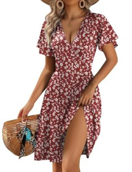 Zeago Summer Dresses for Women V Neck Wrap Dresses Ruffle Sleeve Red Floral Casu