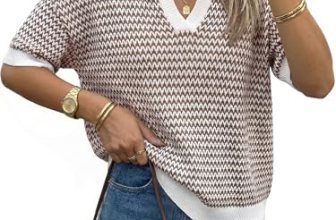 Arach&Cloz Women’s 100% Cotton Short Sleeve Sweater Polo V Neck Striped Pullover