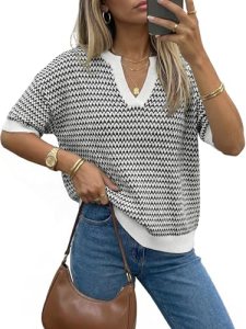 Arach&Cloz Women’s 100% Cotton Short Sleeve Sweater Polo V Neck Striped Pullover