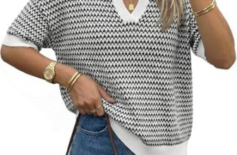 Arach&Cloz Women’s 100% Cotton Short Sleeve Sweater Polo V Neck Striped Pullover