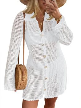 Saodimallsu Womens Crochet Swimsuit Coverup Button Down Long Sleeve Cardigan Min